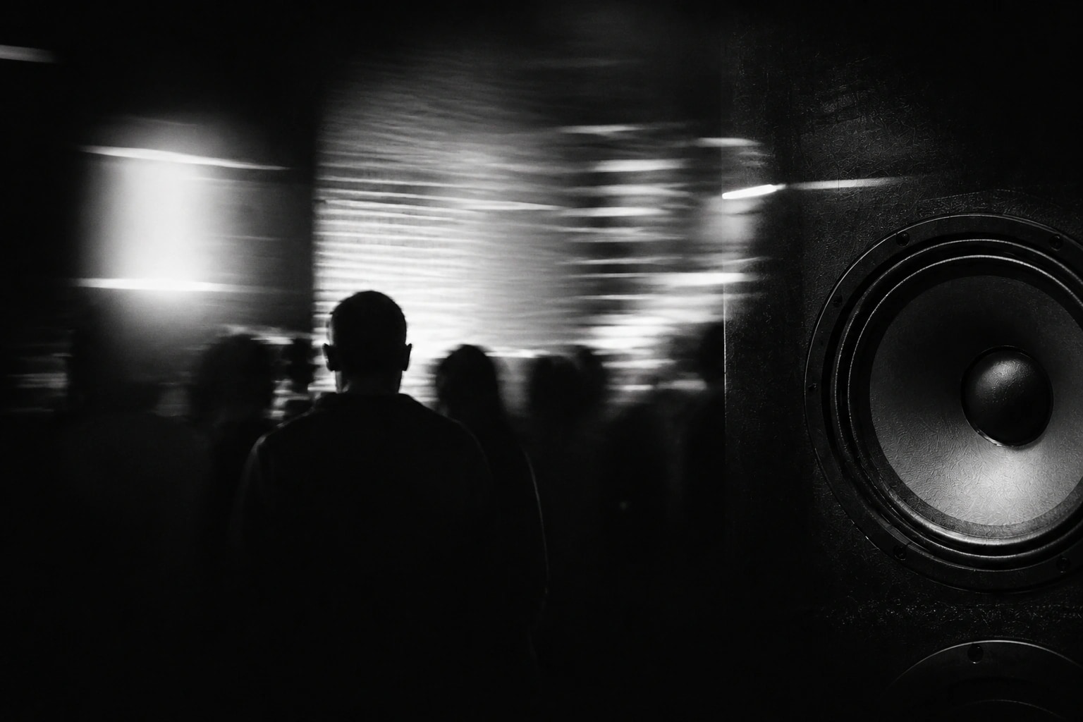 Foule en mouvement et enceinte dans un établissement de nuit